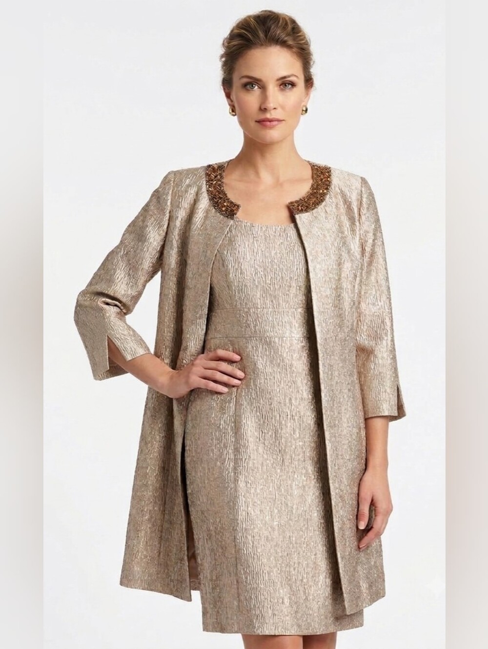 NWT Tiana B. Metallic Gold Textured Jacket & Dress Set Size 10P